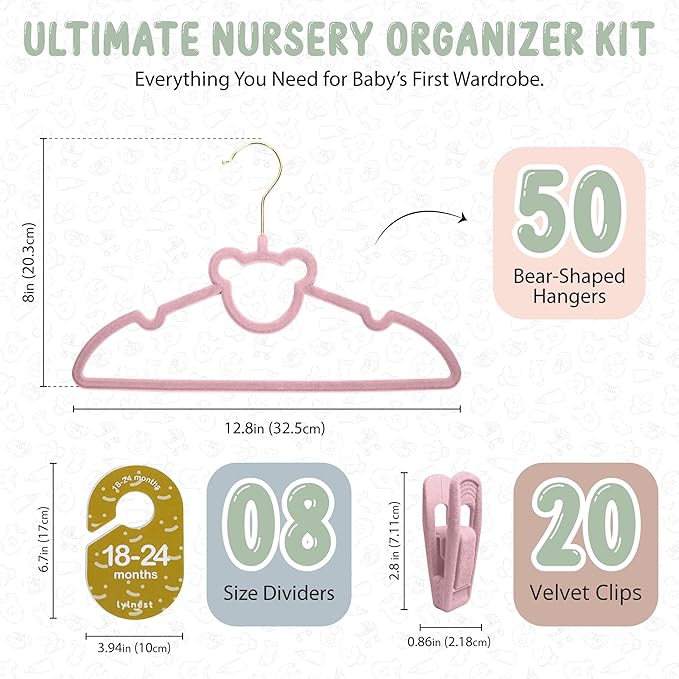 Velvet Baby Hangers with Clips – Organize Baby Clothes by Age with Size Dividers – Save Closet Space for Newborn to Toddler Outfits – Perfect Nursery Must-Have (Petal)