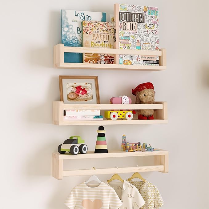 Heimlove Nursery Floating Shelves, Solid Wood Nursery Book Shelves for Wall, 16 inch Bookshelf for Kids, Wall Mounted Shelves for Books,Toys and Decor Storage, Set of 3