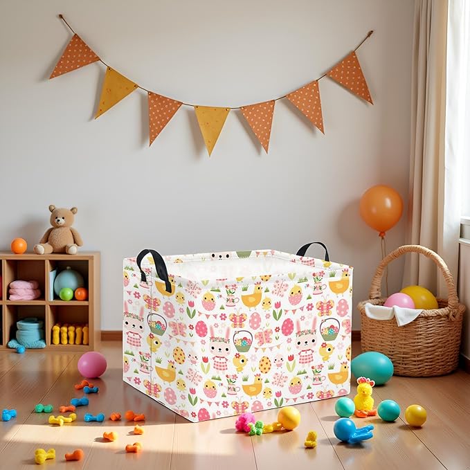 TIBAOLOVER Rectangular Easter Basket Easter Basket for Kids Baby Storage Basket Cute Toy Storage Bin Organizer Shelf Book Basket Easter Room Decor(Pink Easter Egg)