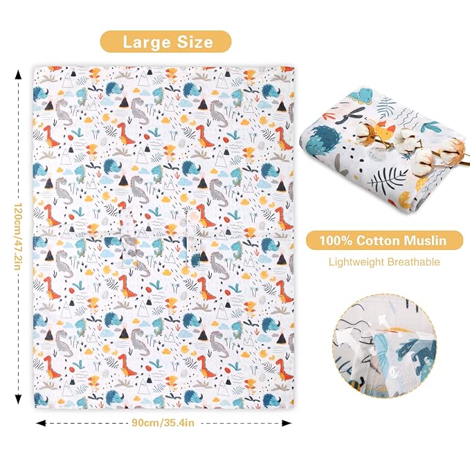 Metplus Car Seat Cover Baby boy, 100% Muslin Cotton Infant Carseat Covers, Lightweight Breathable Car Seat Canopy, Summer Stroller Sun Shade, Newborn Travel Essentials(Dinosaur Party)