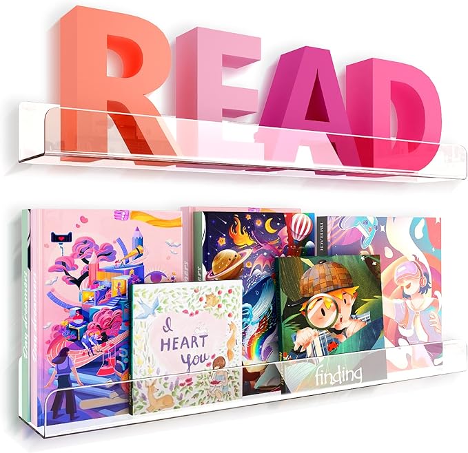 RORKIM 24 inches Wall Mounted Kids Bookshelf, Clear Acrylic Display Book Shelves for Kids Room Nursery Toddler Classroom 2 Packs