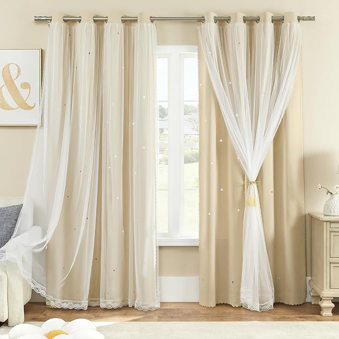 XiDi Beige Girls Curtains for Bedroom, Girls Room Blackout Curtains for 63 Inches Long Unicorn Bedroom Decor for Kids Room Darkening Curtains Decor Window Drapes 34x63 Inches