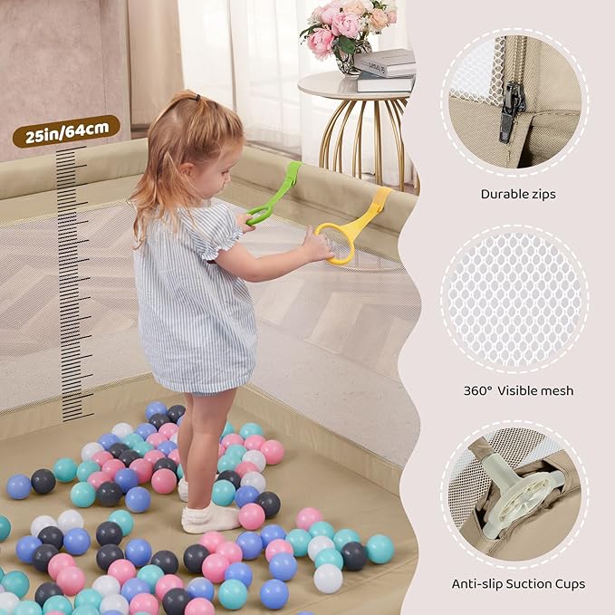 Dripex Large Baby Playpen 71×59 Inch, Large Playpen for Babies and Toddlers- Indoor & Outdoor Kids Safe Play Yard, Soft Breathable Visible Mesh, Anti-Fall & Anti-Slip Design Baby Fence, Khaki