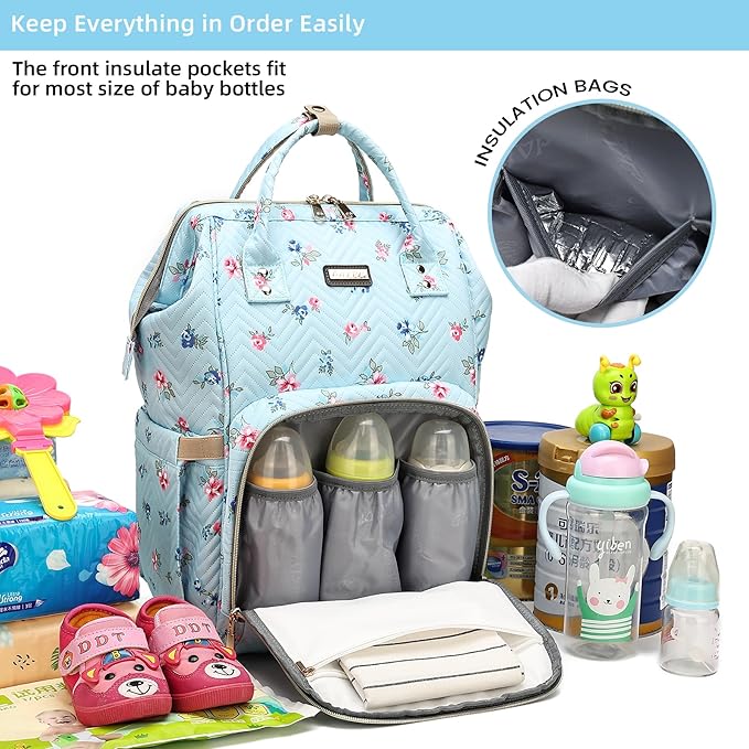 GAIVP Diaper Bag Backpack for Women, Baby Bags for Girls,Diaper Bag with Changing Pad, and Insulated Pockets-Blue Flowers