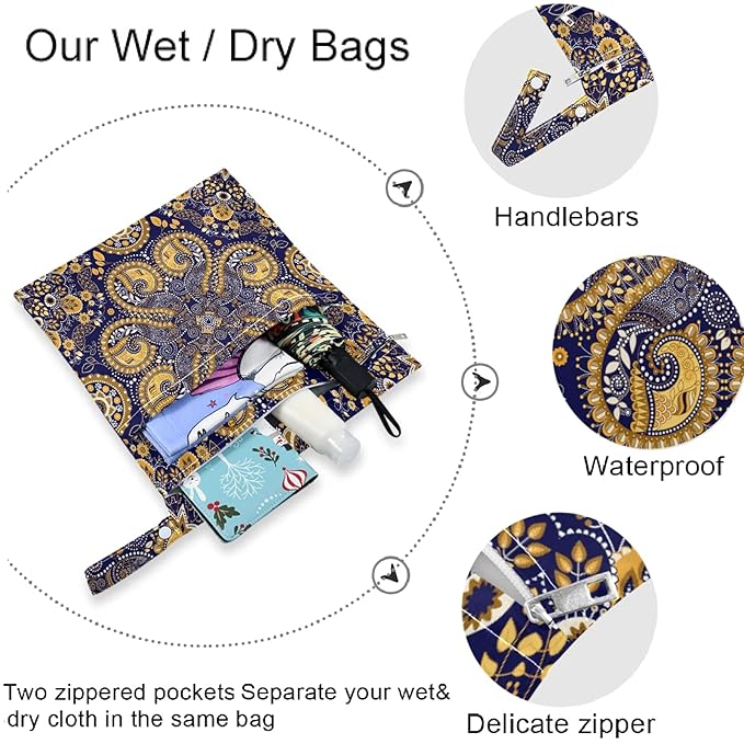 visesunny Golden Paisley Pattern 2Pcs Wet Bag with Zippered Pockets Washable Reusable Diaper Bag for Travel,Beach,Pool,Daycare,Stroller,Diapers,Dirty Gym Clothes, Wet Swimsuits, Toiletries