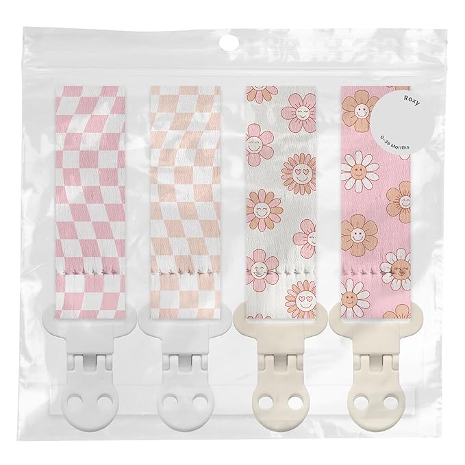 Stadela Baby Pacifier Clip Holder - Girl 4 Pack Gift Set – Retro Checker Smiley Flowers Floral Pink Beige Yellow