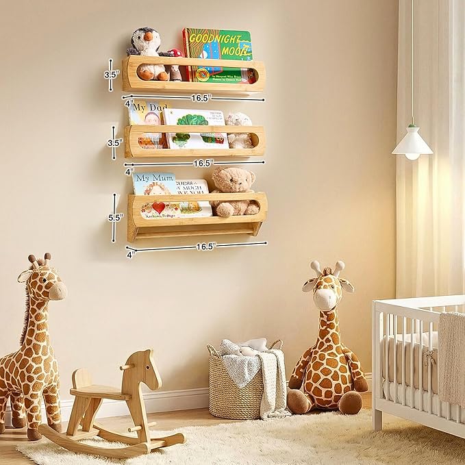 Homewisp Floating Shelves for Wall, Premium Bamboo Wood, Fully Assembled - Nursery Book Shelves, Nursery Decor, Book Shelf for Kids Rooms, Wall Mounted Bookshelves, Set of 3 Natural