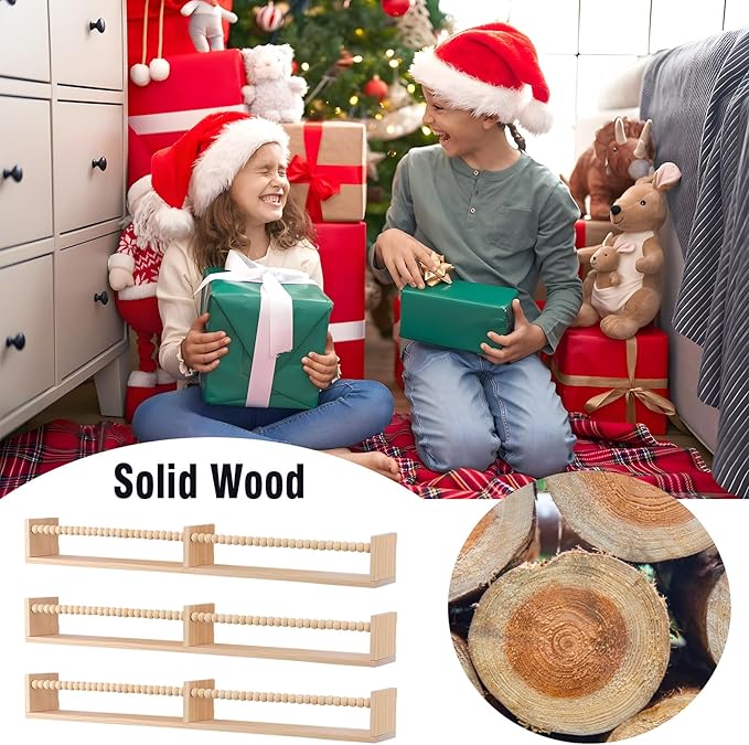 Nursery Book Shelves for Kids Rooms - 32 Inches Floating Wall Bookshelves Set of 3, Space-Saving Nursery Shelves with Beads Design for Kids Room, Bedroom and Study Room(Natural)