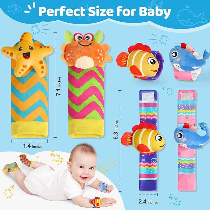 URMYWO Wrist Rattles for Baby - Rattle Socks - Foot Finder Set - Baby Toys for 0-12 Months Infant - Newborn Essentials - Early Learning Sensery Toys for Boys and Girls as Shower Gifts Stocking Stuffer