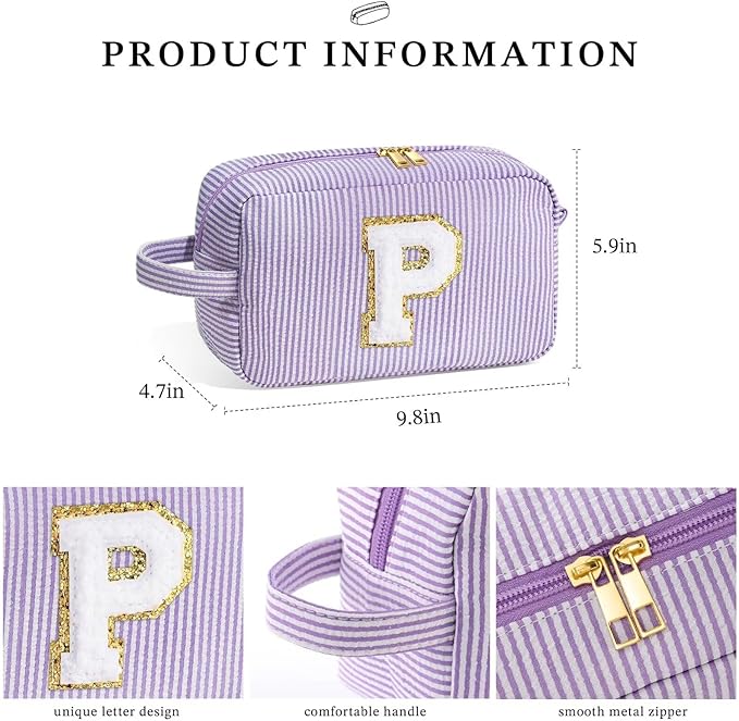 YOOLIFE Initial Cosmetic Bag for Women - Monogram Cute Makeup Bag Cosmetic Case Toiletry Pouch for Women Her Best Friend Sister Teacher, Personalized Birthday Gifts for Women, Purple P