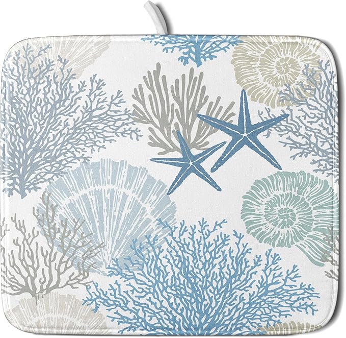 Nautical Coastal Dish Drying Mat for Kitchen Counter,Summer Ocean Themed Seashell Coral Starfish Drying Mat 16 x 18 Inch with High Absorbent Microfiber Dish Drying Drainer Mat for Coffee Bar