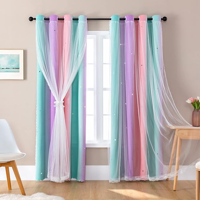 XiDi Curtains for Bedroom Decor, Rainbow PinkPuGreen-52-45