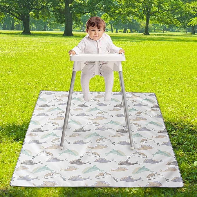 Baby Splat Mat for Under High Chair, 51 x 51 Inch Wipeable Splash Mat，Floor Protector，Wipe-Clean Tablecloth and Playing Mat (Whale)