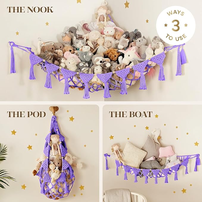 TIDYTEDS Macrame DreamLights Boho Stuffed Animal Storage Net Hammock Extra Large Plush Toy Storage Holder For Small Or Large Plushies PURPLE (Purple)