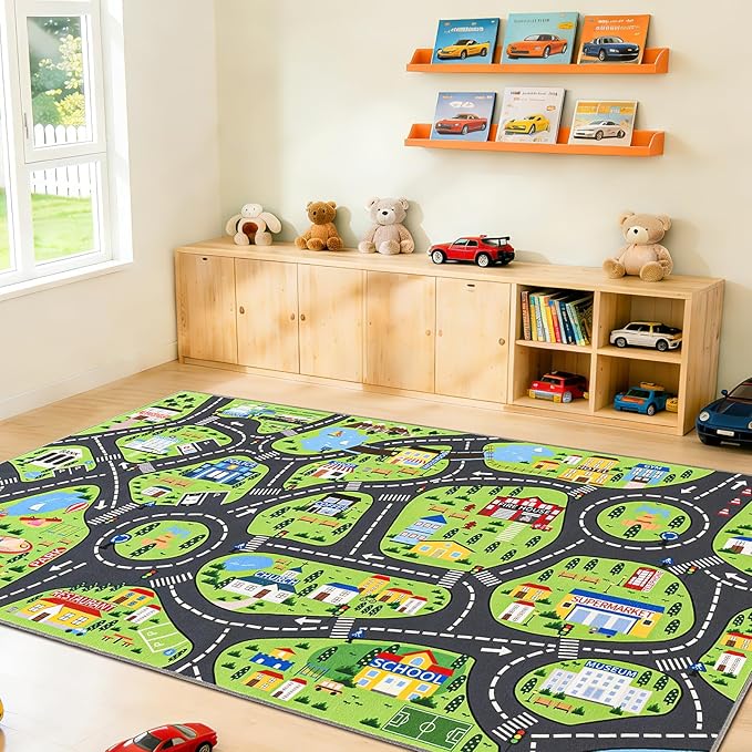 Kids Car Play Rugs - 8x10ft Learning and Fun City Road Map Play Mat for Playing with Cars Trucks, Non-Slip Large Playmat for Nursery, Playroom Bedroom and Classroom, Machine Washable