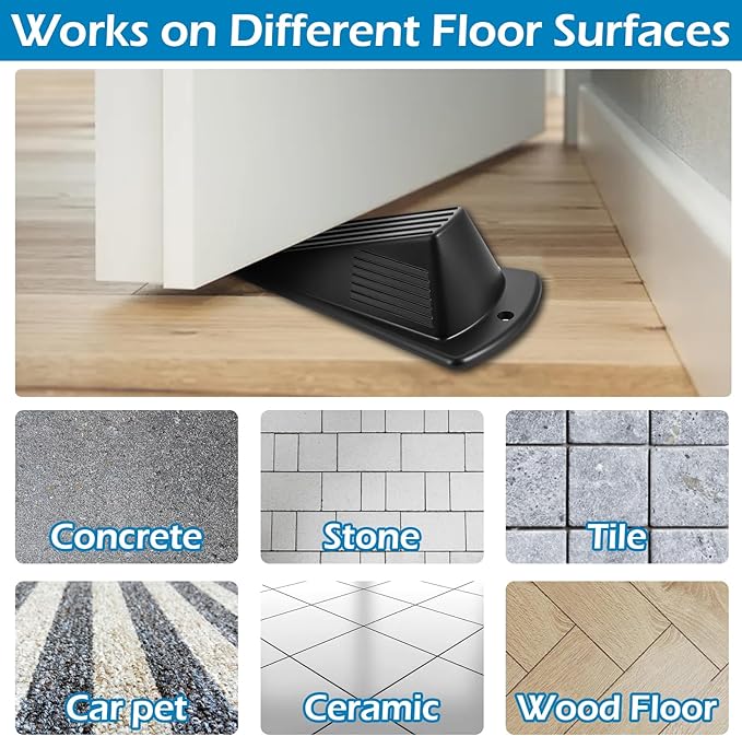 8 PCS Large Rubber Door Stoppers, Heavy Duty Non-Slip Wedge Rubber Door Stoppers Tall up to 2 Inch Hotel Carpet Hardwood Concrete and Tile Stackable Black 6.2 X 3.4 X 2 Inches