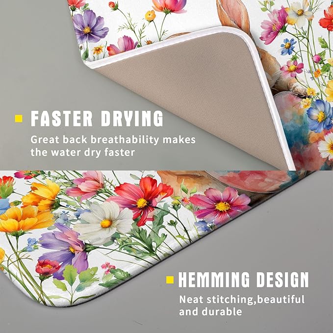 Spring Easter Rabbit Egg Dish Drying Mat for Kitchen Counter,Colorful Flowers Butterfly Drying Mat 16 x 18 Inch with High Absorbent Microfiber Drainer Mat for Coffee Bar