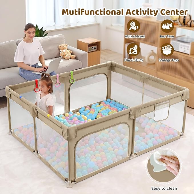 Dripex Large Baby Playpen 71×59 Inch, Large Playpen for Babies and Toddlers- Indoor & Outdoor Kids Safe Play Yard, Soft Breathable Visible Mesh, Anti-Fall & Anti-Slip Design Baby Fence, Khaki