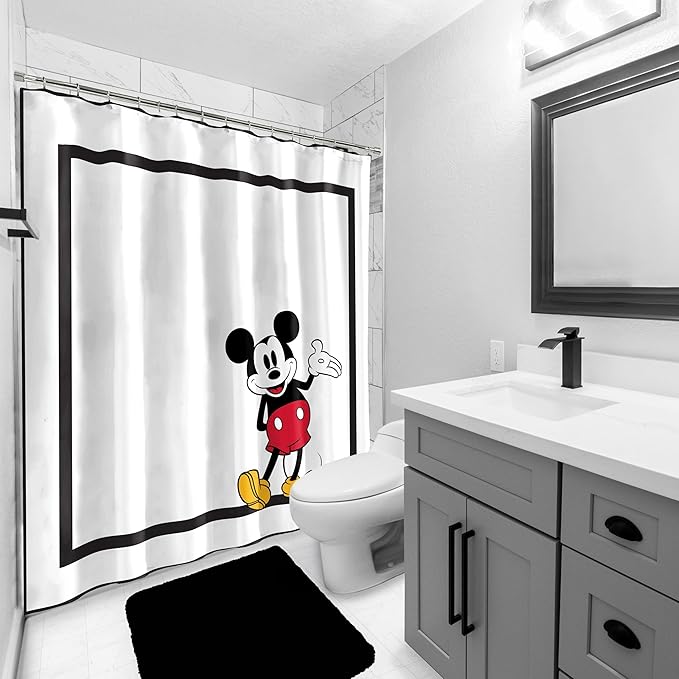 Jay Franco Disney Mickey Mouse Fabric Shower Curtain - Kids Classic Black and White Bathroom Décor