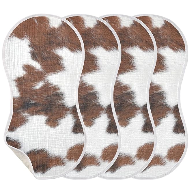 Muslin Baby Burp Cloths Set of 2, Soft Absorbent White Brown Print Cow Muslin Washcloths, Bibs, Face Towel for Newborn Boys Girls, 22 x 11 Inch