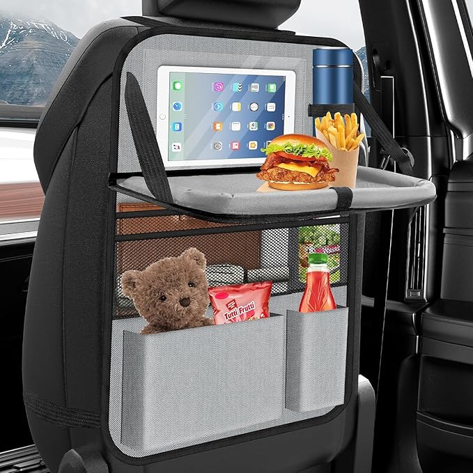 Oneyus Car Backseat Organizer with table Tray, 9 Storage Pockets Backseat Car Organizer with Tablet Holder, Back seat Organizer for Kids Road Trip Essentials Travel (1Pack)