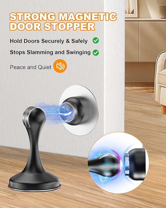Crosize Magnetic Door Stoppers 6 Pack, Stainless Steel Door Stops for Wall and Floor Mounting, Door Holder Keep Door Open, No Drilling Door Stop with 3D Adhesive Tapes, Black