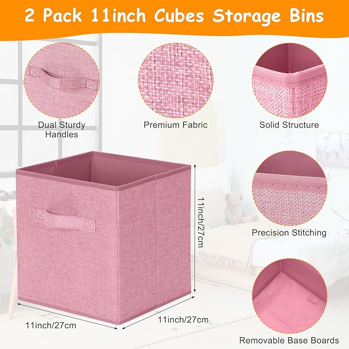 Fiwochic 3 Pack 23" Large Toy Storage Box with 11" Cubes Bins, Collapsible Toy Organizer Chest with Lids for Kids Nursery Playroom Bedroom Living Room Christmas Ornament Storage Box(Pink)