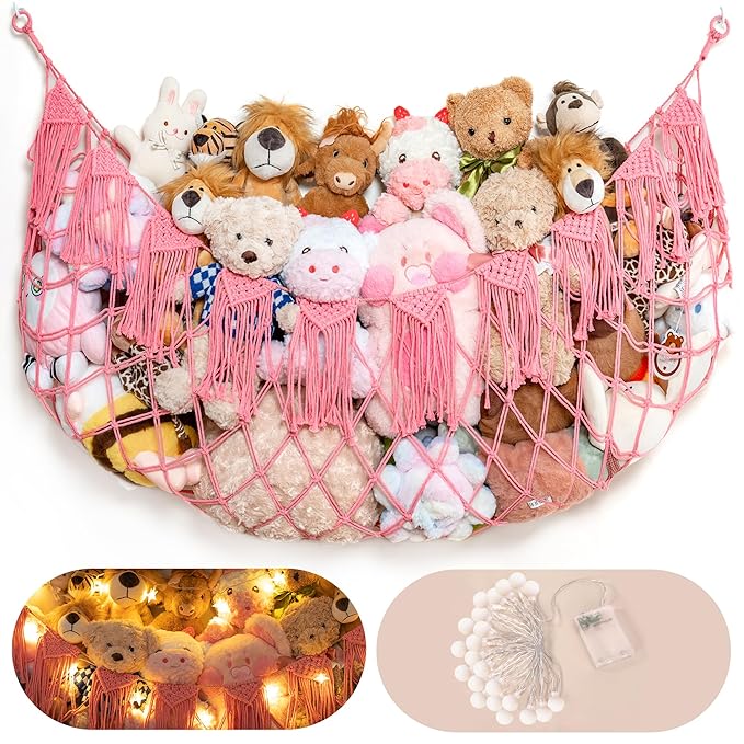 Boho Macrame Stuffed Animal Hammock with LED Lights – Large Wall Hanging Plushie Net, Corner Toy Organizer for Kids Bedroom, Nursery, Playroom & Dorm (Pink XXL)