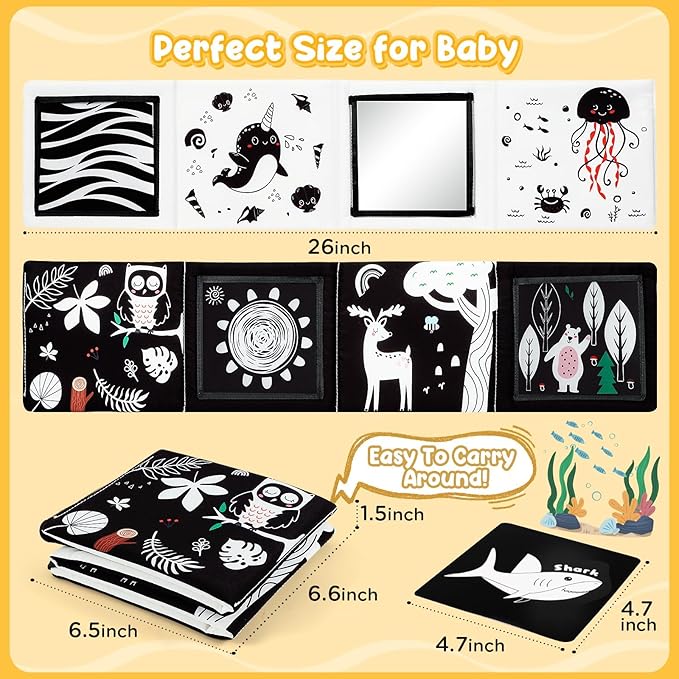 URMYWO Tummy Time Mirror Toys, Visual Stimulation Learning Cards, High Contrast Black and White Baby Toys for Newborn, Soft Baby Book for infant 0-12 Months, Baby Boy Girl Shower Gift Stocking Stuffer