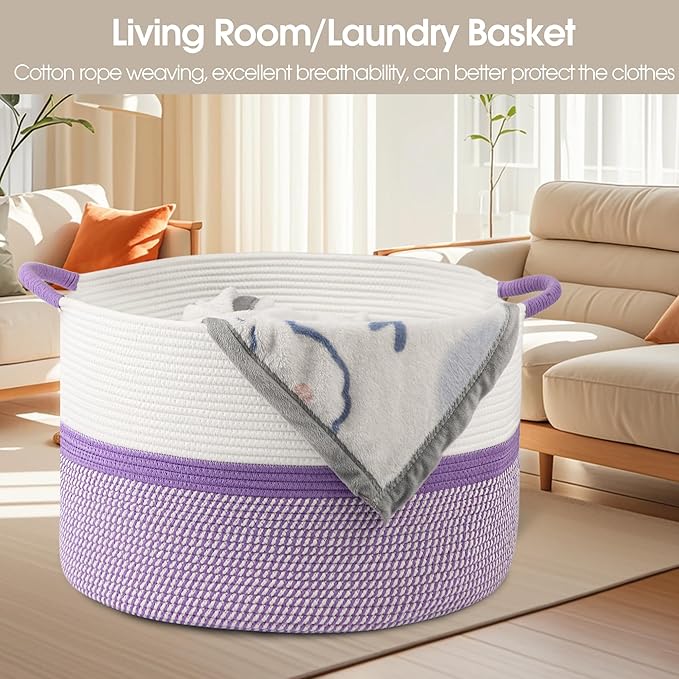 Large Cotton Rope Storage Basket, 20''x13'' Woven Laundry Hamper for Living Room, Nursery, Toys, Blanket Organization with Handles (White and Purple)