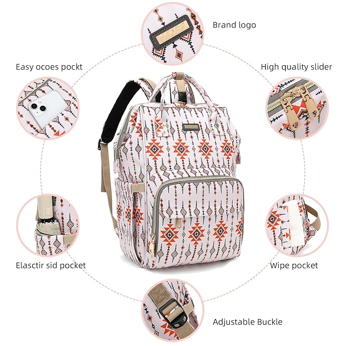 GAIVP Diaper Bag Backpack, Diaper Bags for Baby Girls Boys, Baby Bags for Moms Dads, Nappy Changing Bag with Insulated Pockets,Multi-functional Waterproof Backpack with Stroller straps-Tribal Orange