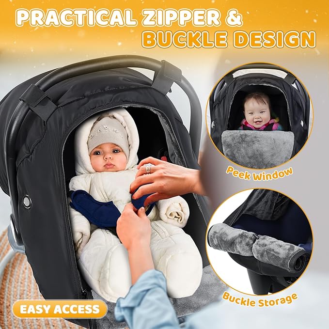 Orzbow Car Seat Cover Baby - Waterproof Carseat Cover for Doona Car Seat and Stroller, Breathable Winter Infant Carseat Canopy with Zipper Access, Rain and Wind Proof, Winter Baby Essentials, Black