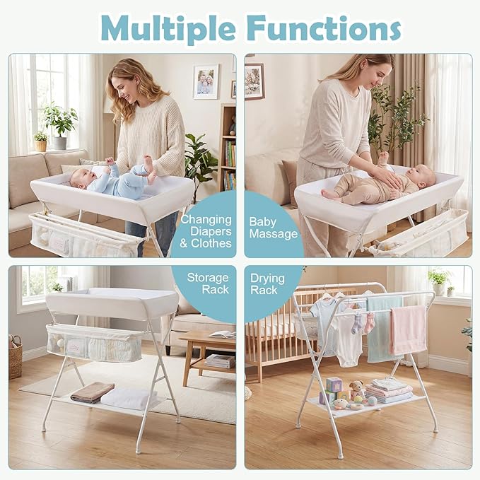 Costzon Changing Table, Portable Baby Changing Table Foldable Diaper Changing Station with Safety Belt, Large Storage Rack & Shelf, Nursery Organizer for Newborn Infant (Beige)
