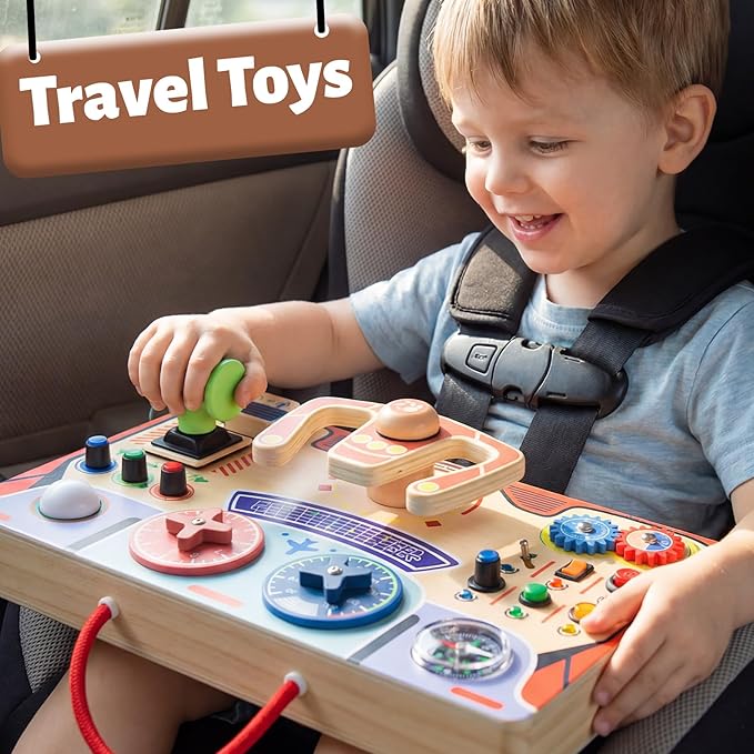 Teekdeer Montessori Busy Board for Toddlers 2-4,Wooden Sensory Steering Wheel Toys with LED Light Switch,Travel Toy Educational Fidget Activity Board for Boys and Girls Gift