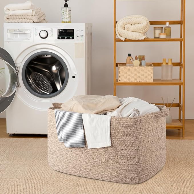 SIXDOVE 95L Large Storage Basket, Cotton Rope Woven Blanket Basket, Toy Storage for Baby Room, Living Room, 24" x 16.9" x 14.2", Brown