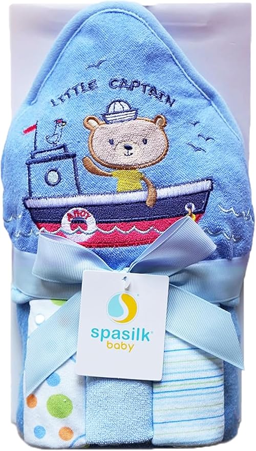 Spasilk Hooded Bath Towel and Washcloths Set for Newborns, 1 Soft Terry Baby Towel and 3 Baby Washcloths, Baby Essentials, Ideal, One Size, Blue Sailor