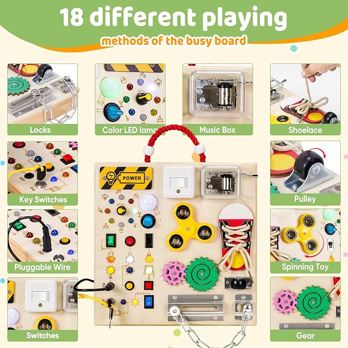 GNAYUIJ Montessori Wooden Busy Board Toys for 1 2 3 Boys Girls,Toddler Sensory Educational Fidget Board Travel Toy with LED Light Up Switches & Music Boxes, Locks for Kids Gifts