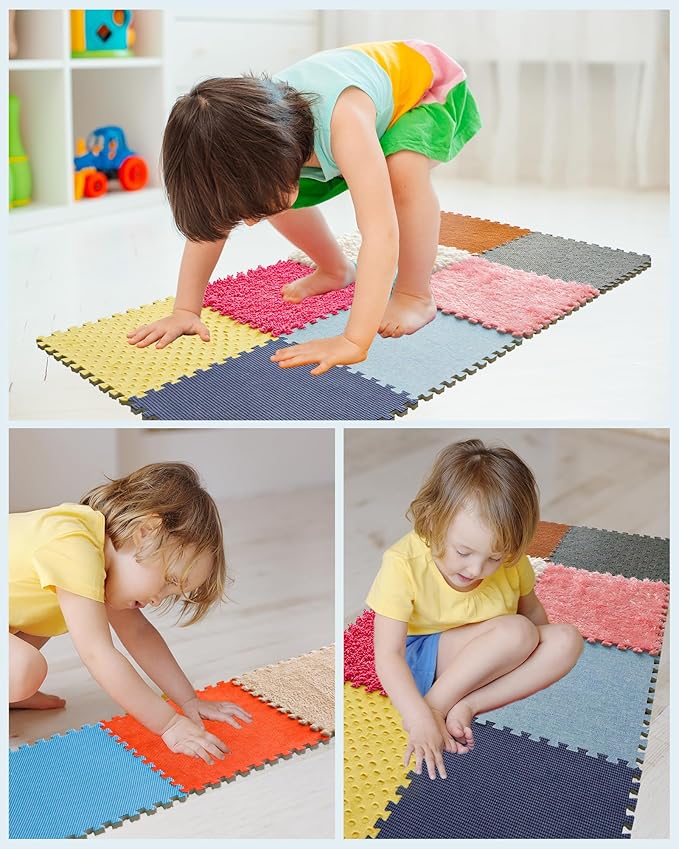 12 Set Sensory Floor Tiles - Textured Sensory Mats, Interlocking Sensory Rug Sensory Toys for Autistic Children Kids Baby Toddler Multi Sensory Exploration, Tactile Play, Fidgeting Activity