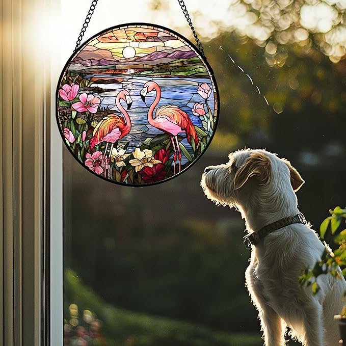 JOSUMALY Stained Glass Window Hanging - Flamingo Wildflowers Landscape Suncatcher for Door Terrace Garden Home Decor Sunset Lake Sun Catcher Birthday Gifts for Lovers Women Men Dad Mom Nana 11.8 in