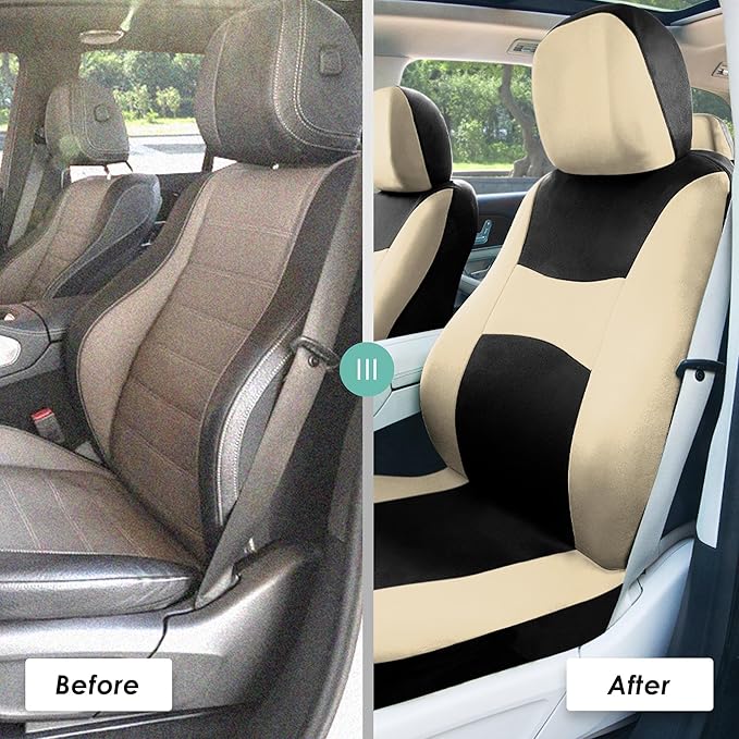 Automotive Seat Covers Beige Black Universal Fit Seat Cover Combo Set with Steering Wheel Cover and Seat Belt Pad (Airbag Compatible and Split Bench)