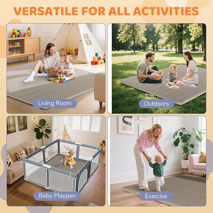 Omzer Baby Play Mat for Floor: Soft & Safe - 1.3'' Thick Foam Playpen Mats with Machine Washable Removable Cloth Cover for Tummy Time - Non Slip Crawling Pad for Toddler, Infant, Kids (Khaki, 65''x 50'')
