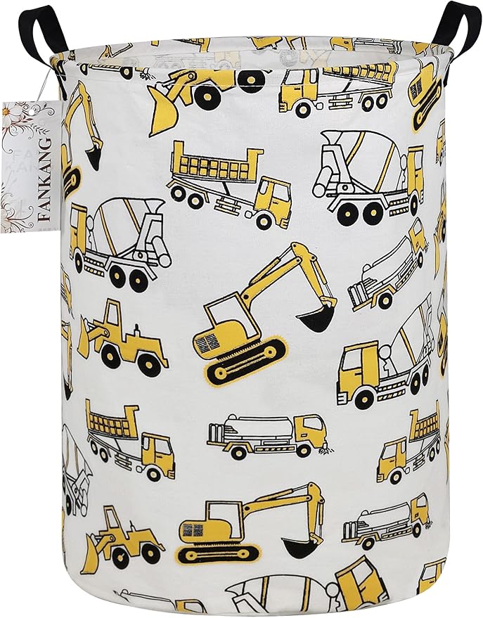 FANKANG Storage Basket, Nursery Hamper Canvas Laundry Basket Foldable with Waterproof PE Coating Large Storage Baskets for Kids Boys and Girls, Office, Bedroom, Clothes,Toys（excavator）