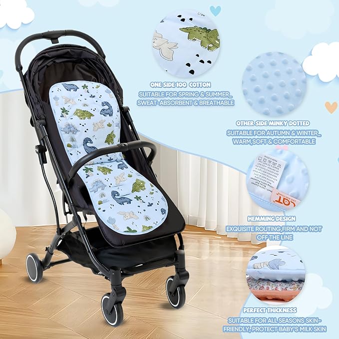 Baby Stroller Cushion,Soft Minky Dotted and Printed Stroller Seat Liner-Reversible Universal Breathable and Soft Newborn Pram Pad, Cotton Infant Car Seat Insert-82x37cm,1 Pack(Dinosaur+Baby Blue)