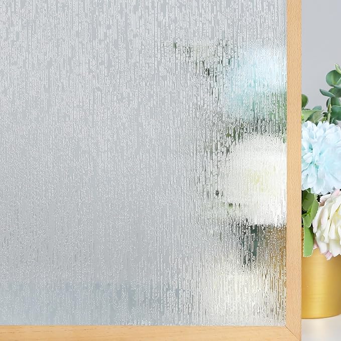 rabbitgoo Window Privacy Film Frosted Glass Clings, Decorative Sun UV Blocking Static Cling Window Covering, Removable Frosting Sticker for Home, Rain Silk, 35.4 x 118.1 Inches