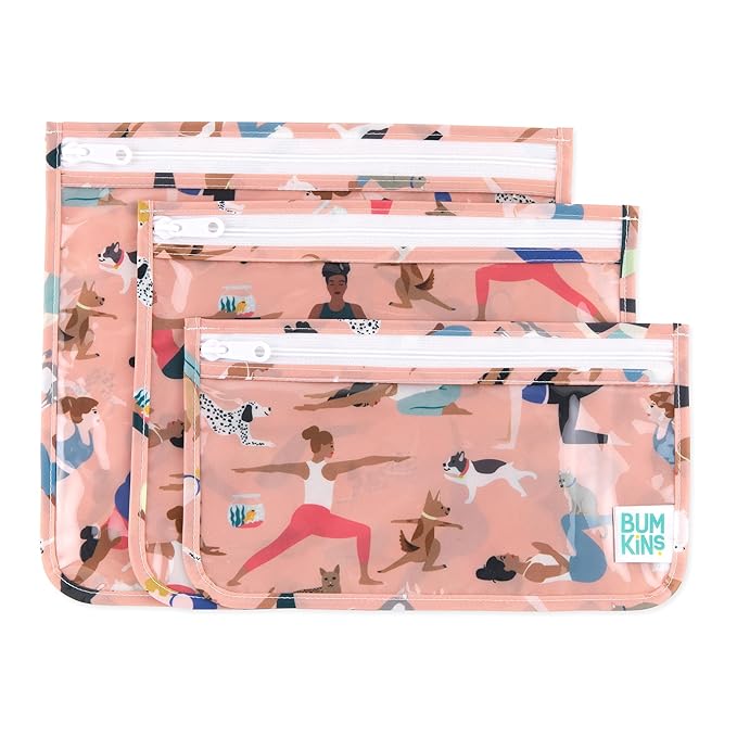 Bumkins Travel Bag, Toiletry, TSA Approved Pouch, Zip Bag, Quart Size Airline Compliant, Clear-Sided, Baby, Diaper Bag Organization, Makeup, Accessories, Carry On Packing, Set of 3 Sizes, Yoga Pals