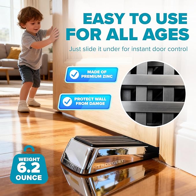 Strongest Home Heavy Duty Door Stopper Wedge (10 Chrome PCs) | Non-Slip Rubber and Metal Door Stop for Heavy Doors| Work on Wood, Tile, Carpet + 10 White Wall Protectors