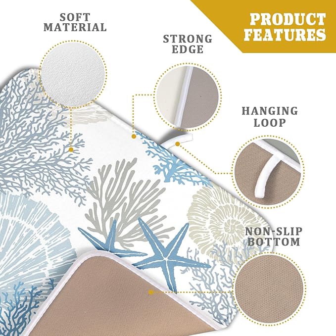 Nautical Coastal Dish Drying Mat for Kitchen Counter,Summer Ocean Themed Seashell Coral Starfish Drying Mat 16 x 18 Inch with High Absorbent Microfiber Dish Drying Drainer Mat for Coffee Bar