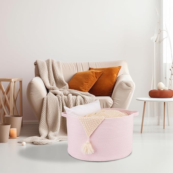 XUANGUO Large Cotton Rope Basket Blankets Basket Living Room 22"x14" Toy Baskets for Kids and Dogs Rope Storage Baskets for Nursery Woven Laundry Baskets for Clothes Towels Baby Toy Storage Round pink