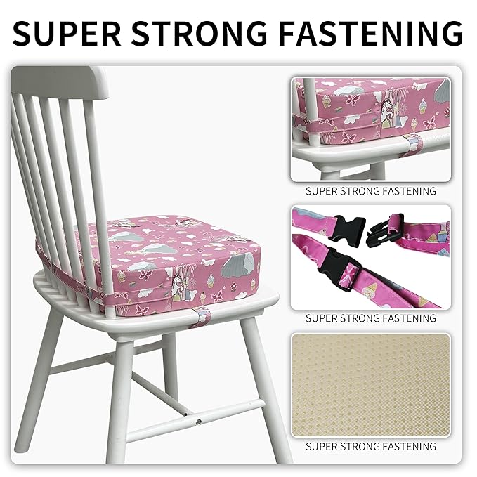 Toddler Booster Seat for Dining Table, Waterproof Kids Booster Seat for Kitchen Chair, High Density Foam Cushion with Non-Slip Bottom, Washable Cover & Adjustable Straps (Pink Castle)