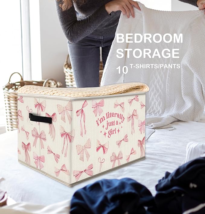 FDHSPAAM Coquette Preppy Pink Bow Storage Bins Box with Handles, I'm Iiterally Just a Girl Collapsible Fabric Storage Basket Box Organizer for Girls Dorm Bedroom Bathroom Clothes Toys Books